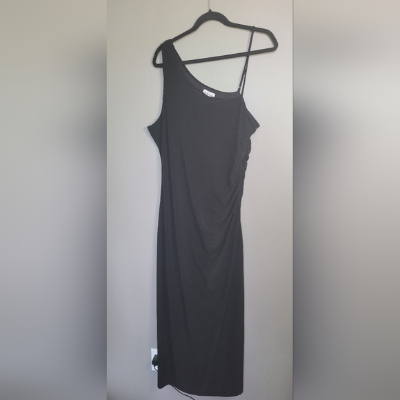 The Drop Lupita Draped One-shoulder Maxi Dress Ruched Side Slit Black 2X NWT - Picture 2 of 7
